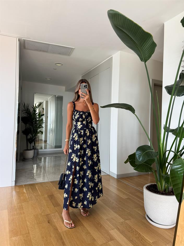 Lacivert Limon Baskılı Elbise 