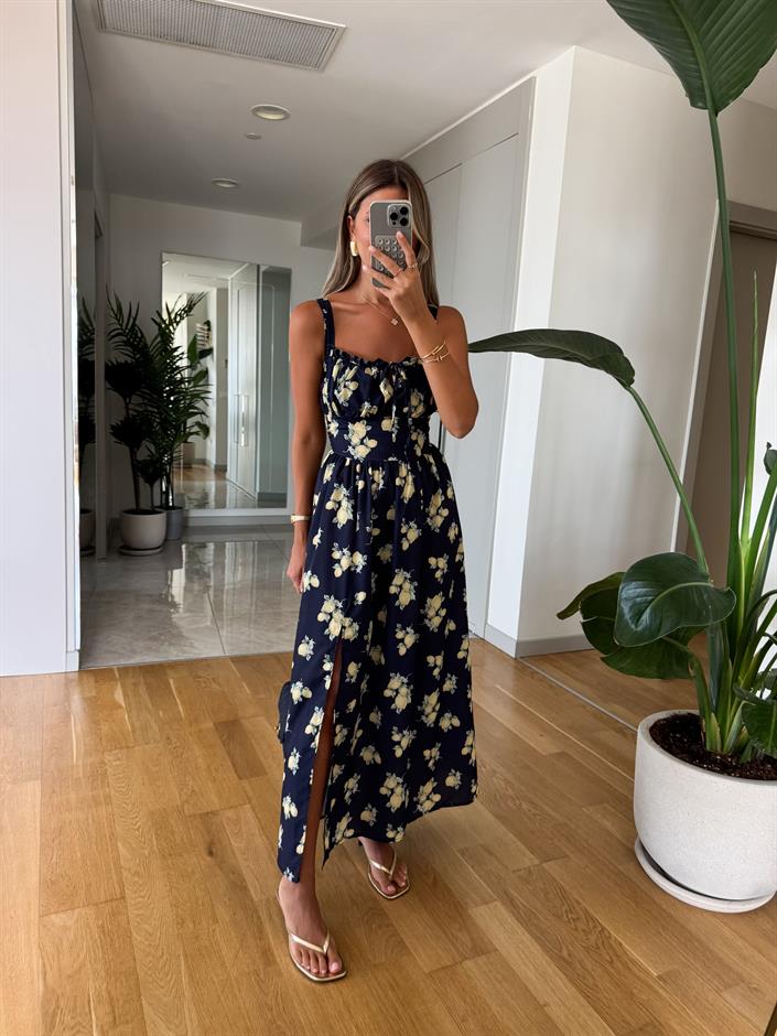 Lacivert Limon Baskılı Elbise 