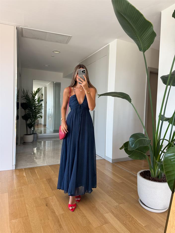 Lacivert Puantiyeli Askılı Şifon Elbise 