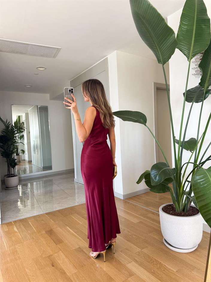 Lastik Askılı Maxi Saten Elbise -Bordo