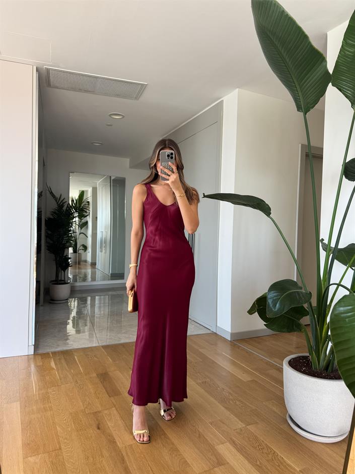 Lastik Askılı Maxi Saten Elbise -Bordo