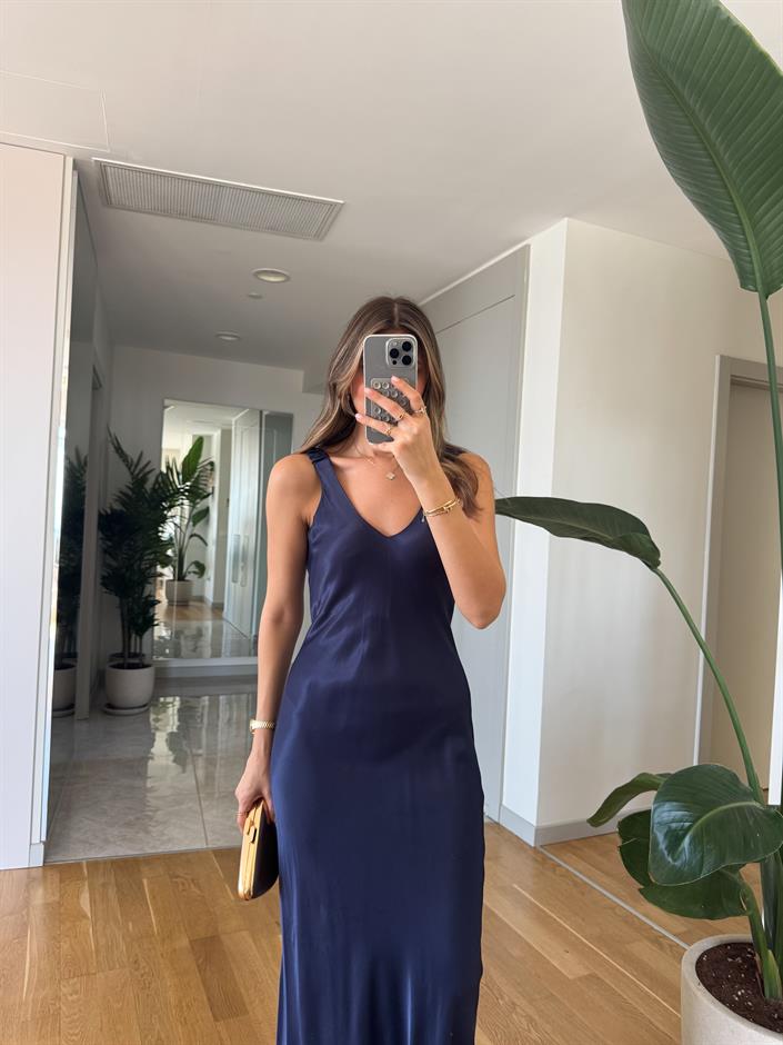 Lastik Askılı Maxi Saten Elbise -Lacivert