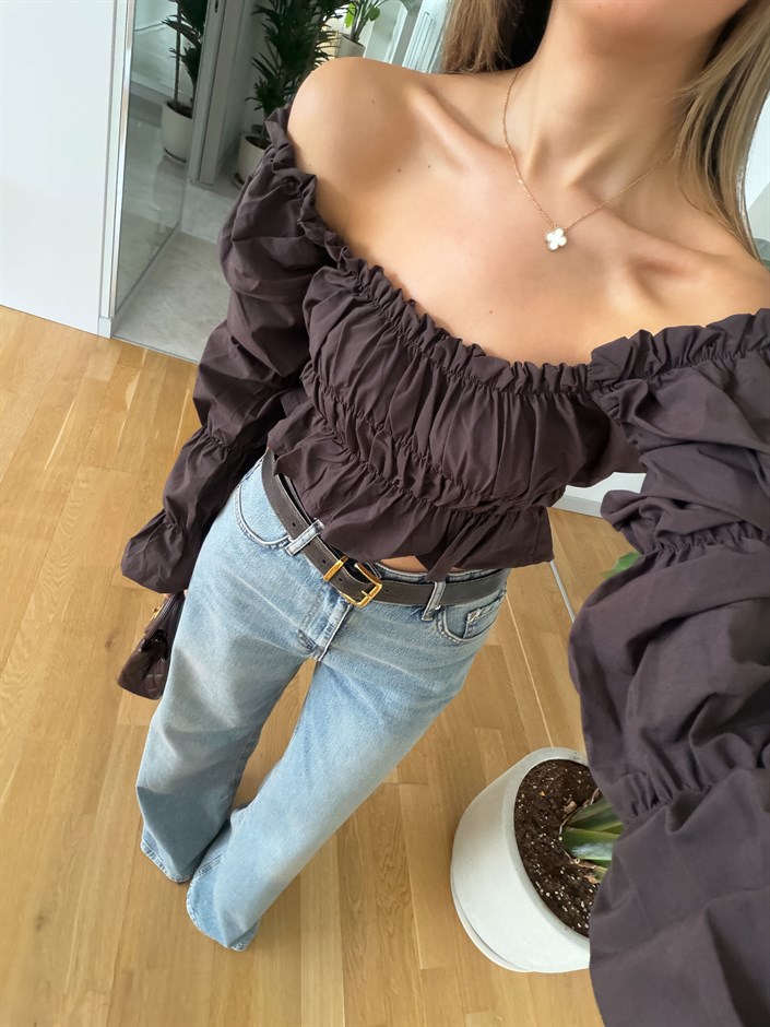 Lastikli Karpuz Kol Poplin Bluz - Kahve