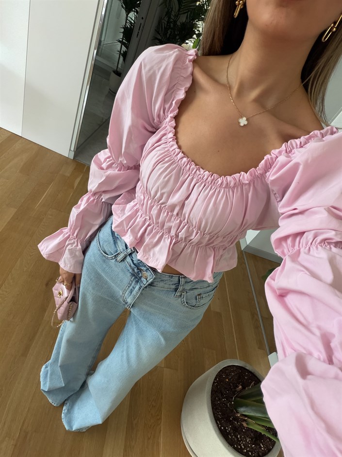 Lastikli Karpuz Kol Poplin Bluz - Pembe