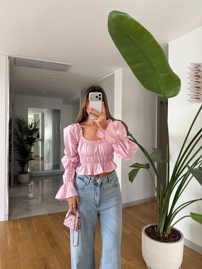 Lastikli Karpuz Kol Poplin Bluz - Pembe