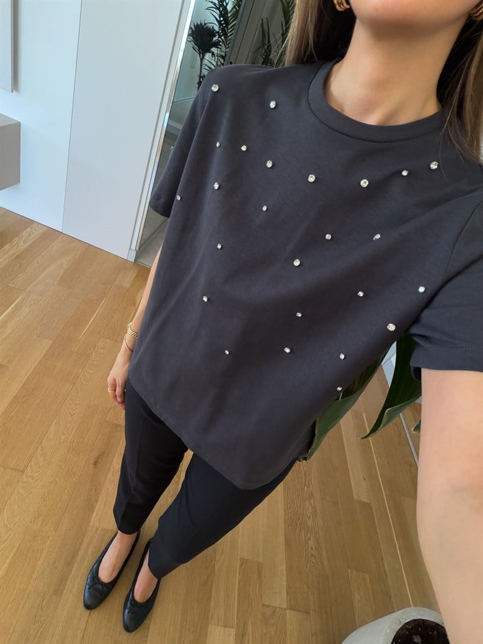 Laura Taş Çakımlı Tişört - Antrasit