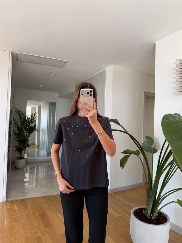 Laura Taş Çakımlı Tişört - Antrasit