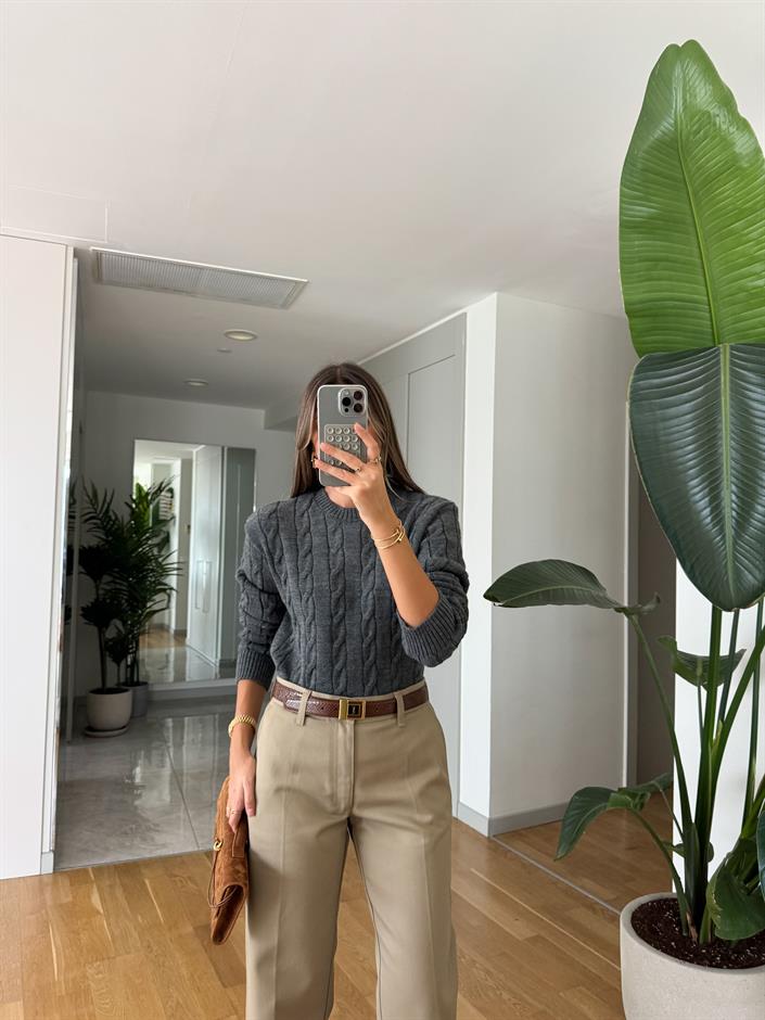 Lauren Saç Örgülü Kazak - Gri 