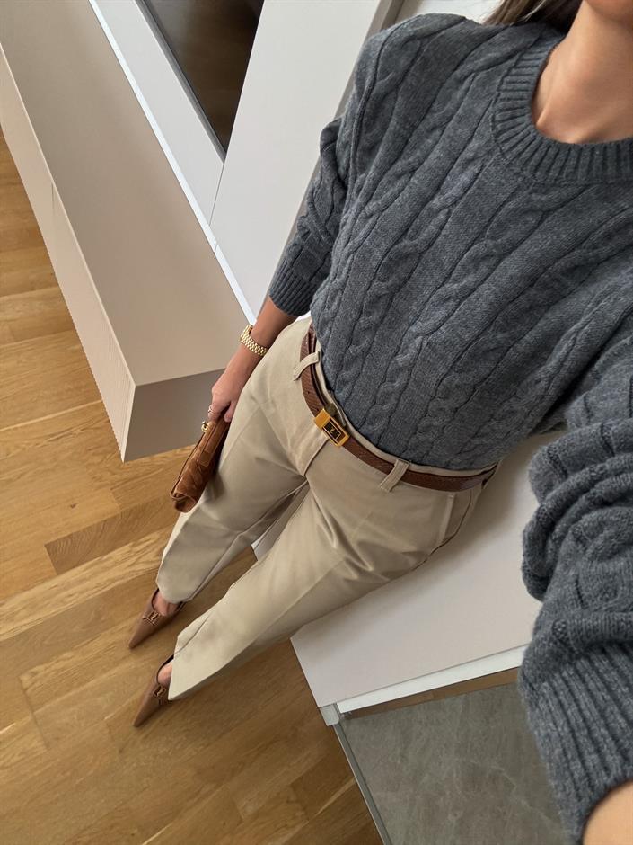 Lauren Saç Örgülü Kazak - Gri 