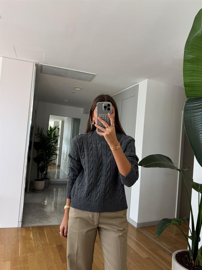 Lauren Saç Örgülü Kazak - Gri 