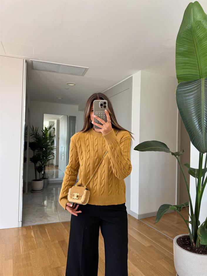 Lauren Saç Örgülü Kazak - Hardal 