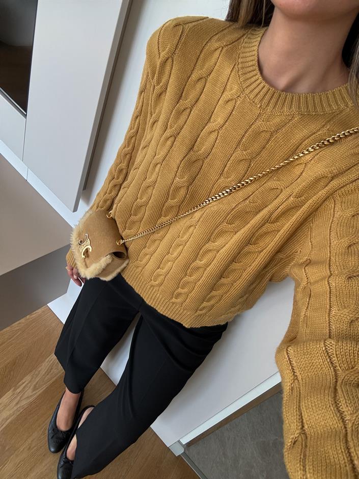 Lauren Saç Örgülü Kazak - Hardal 