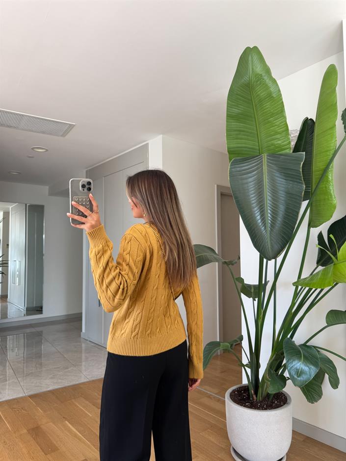 Lauren Saç Örgülü Kazak - Hardal 