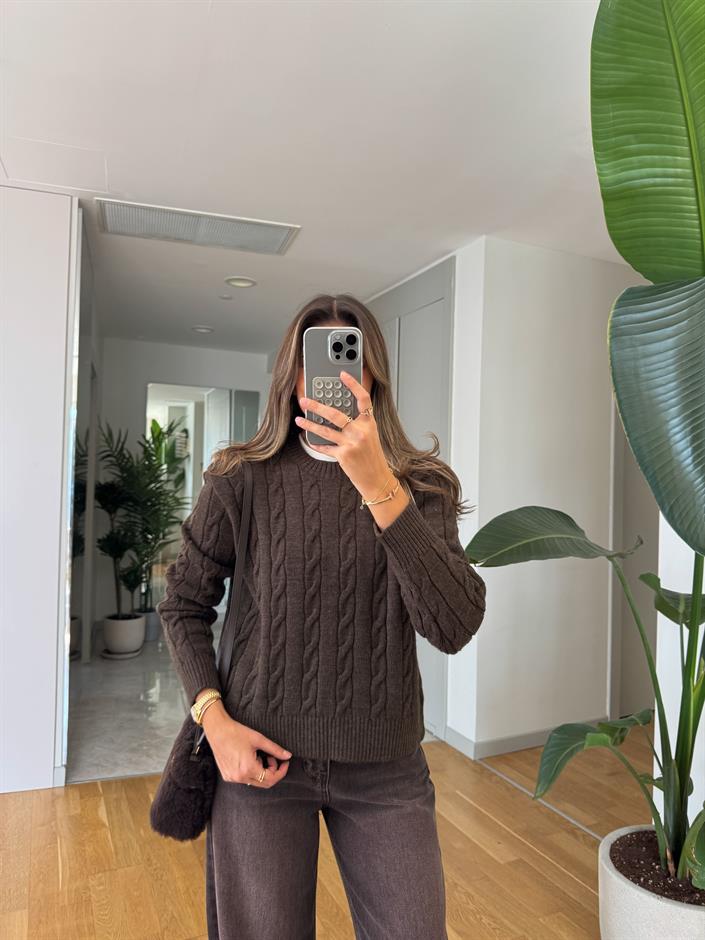 Lauren Saç Örgülü Kazak -Koyu Kahve