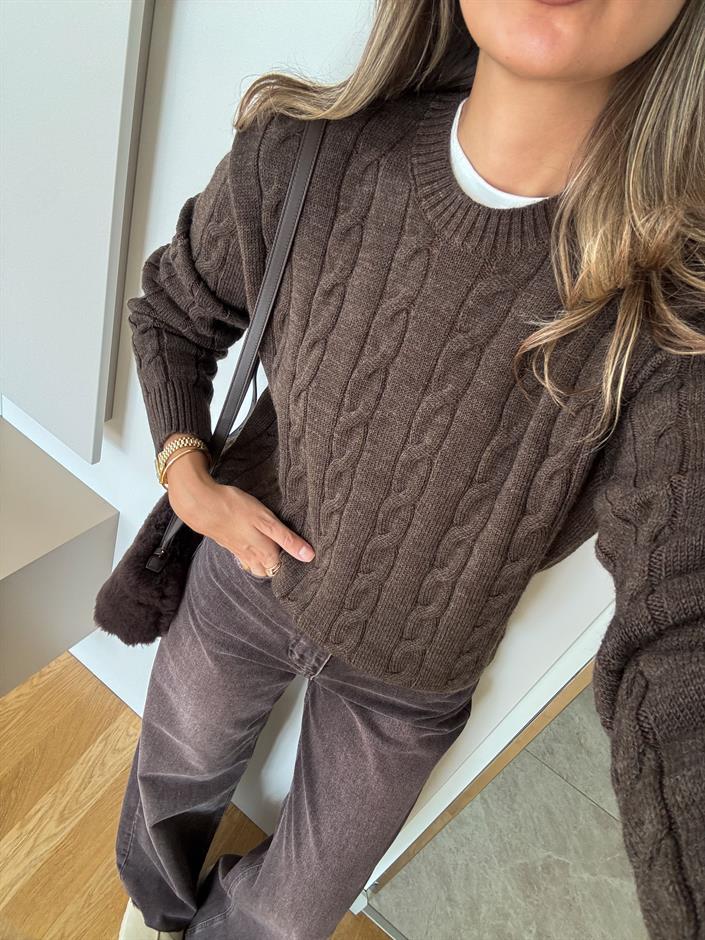 Lauren Saç Örgülü Kazak -Koyu Kahve