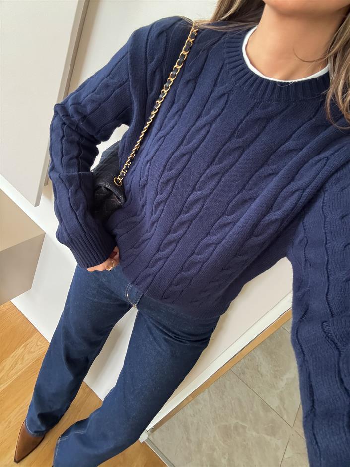 Lauren Saç Örgülü Kazak -Lacivert