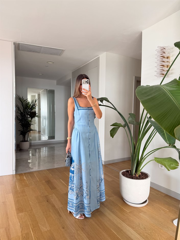 Lebby Kare Yaka Desenli Elbise - Açık Mavi