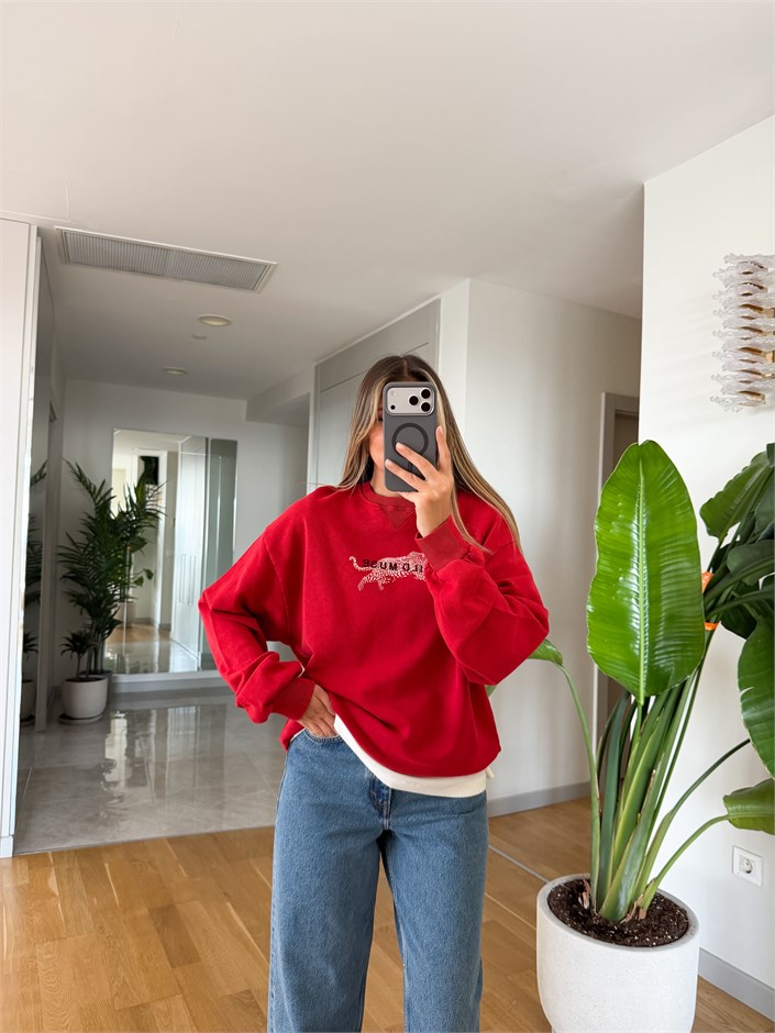 Leopar Baskılı Sweatshirt - Kırmızı