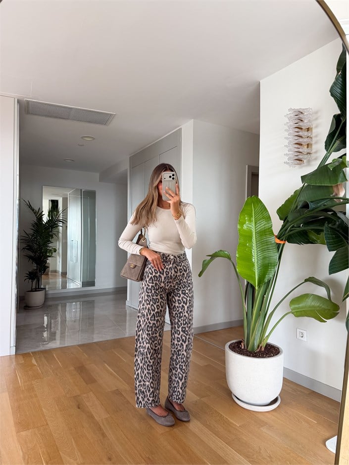 Leopar Desenli Barrel Jean 