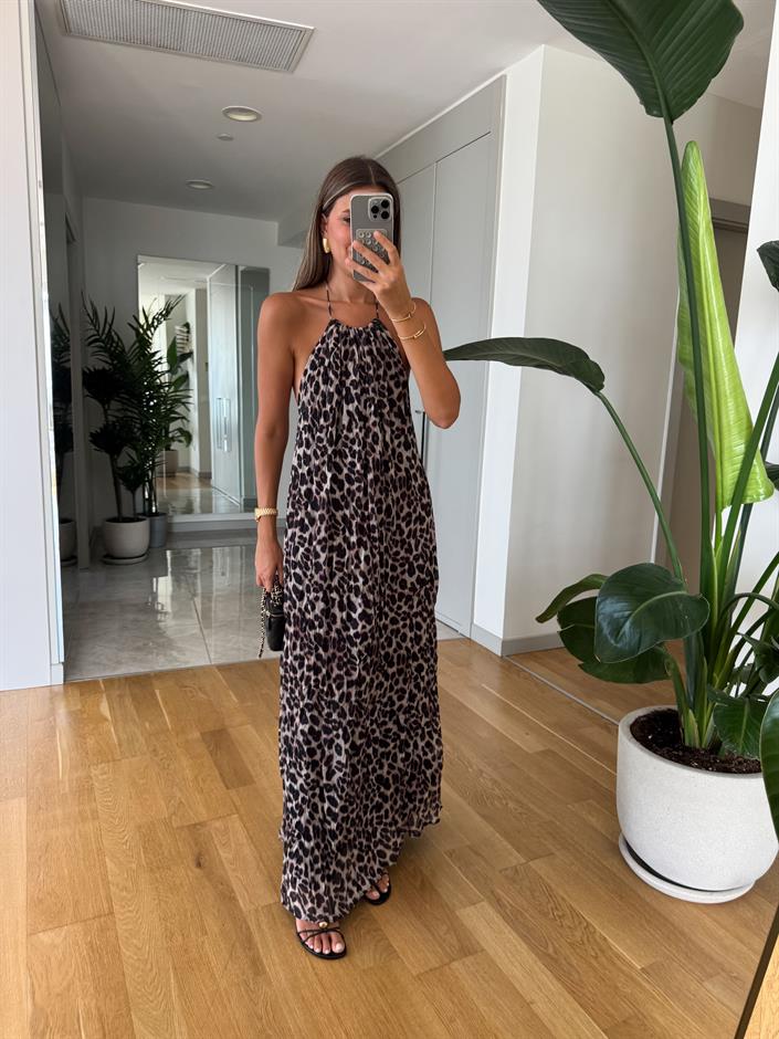 Leopar Desenli Halter Yaka Elbise