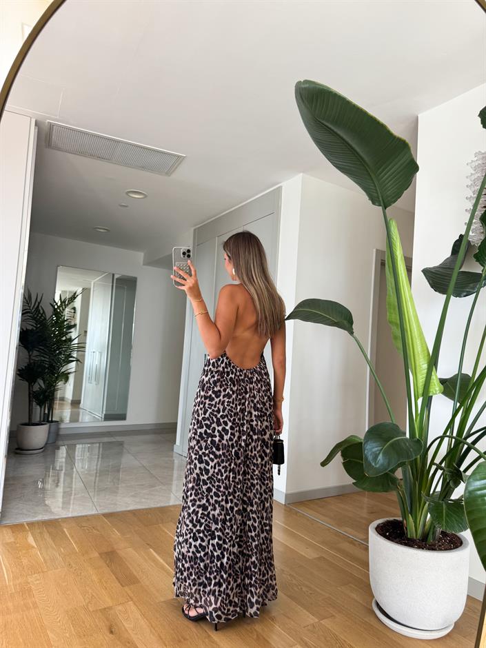 Leopar Desenli Halter Yaka Elbise