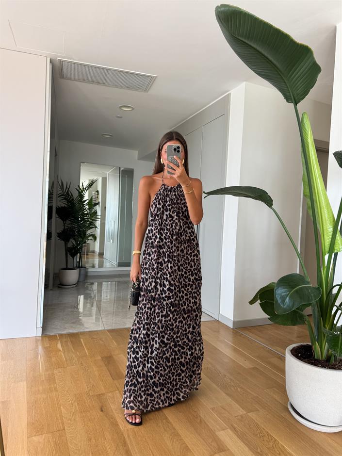 Leopar Desenli Halter Yaka Elbise