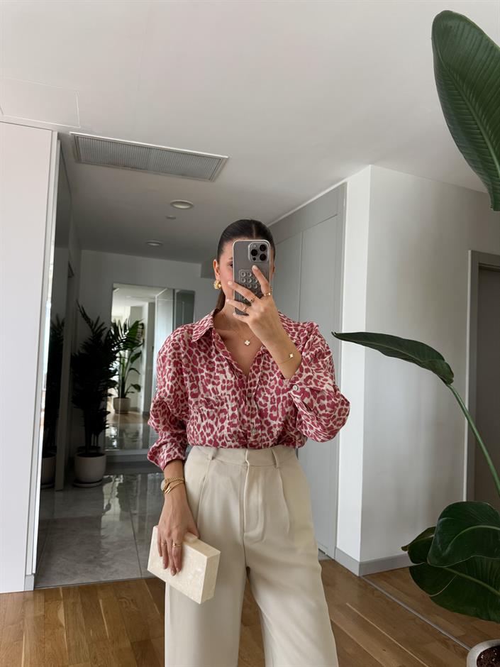 Leopar Desenli Tek Cepli Gömlek- Pembe