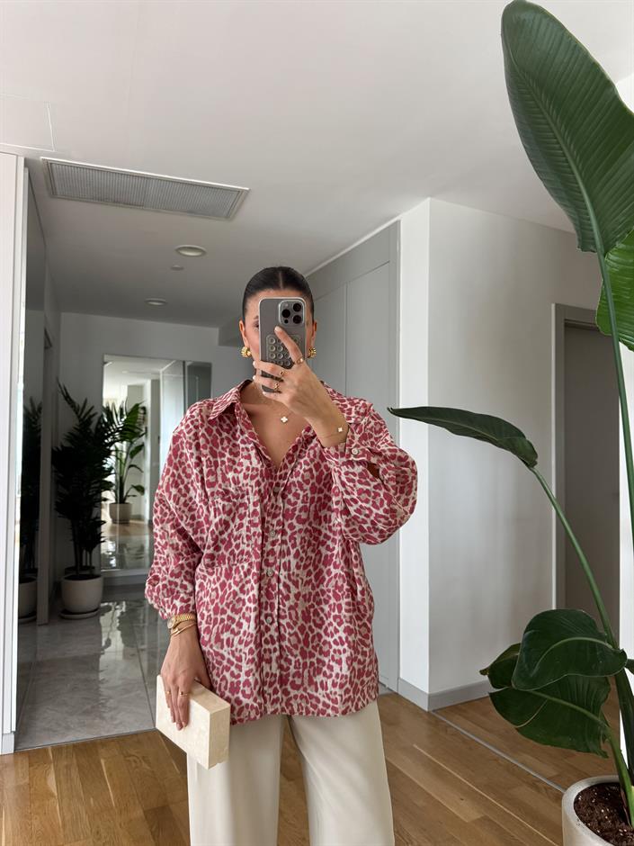 Leopar Desenli Tek Cepli Gömlek- Pembe