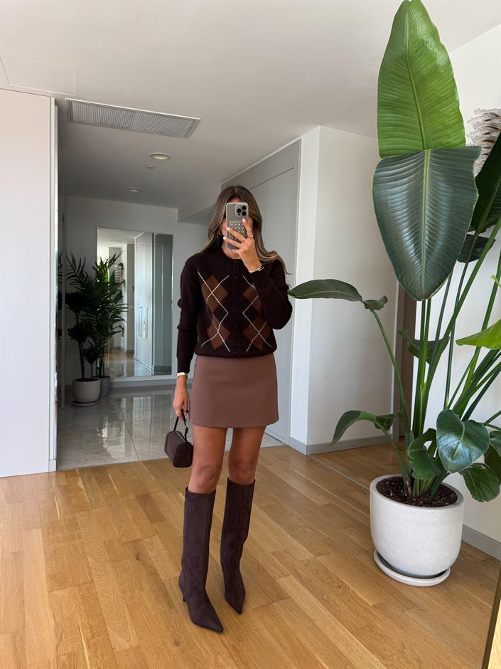 Lero Düz Kesim Mini Etek - Açık Kahve
