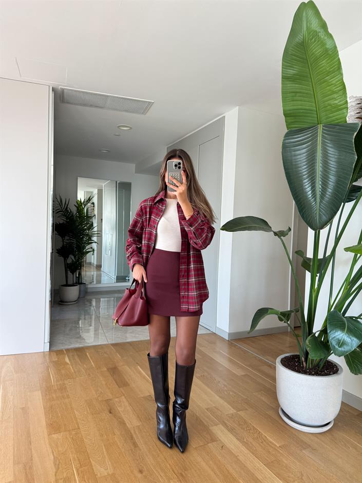 Lero Düz Kesim Mini Etek-Bordo