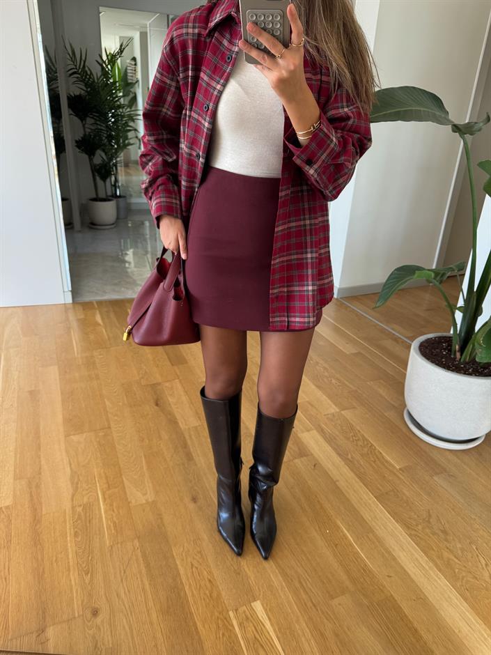 Lero Düz Kesim Mini Etek-Bordo