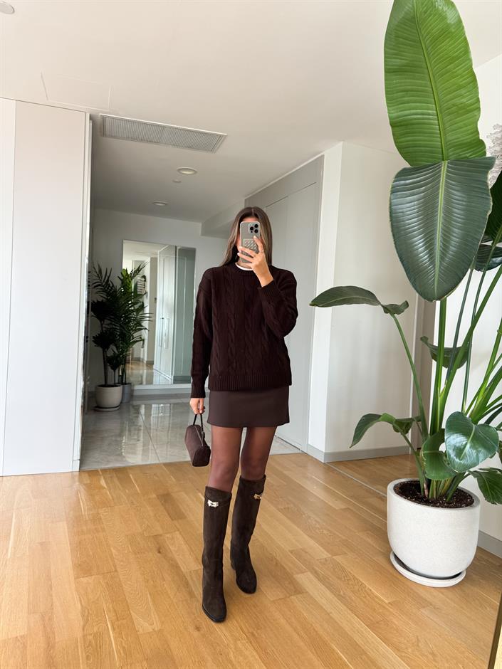 Lero Düz Kesim Mini Etek - Koyu Kahve