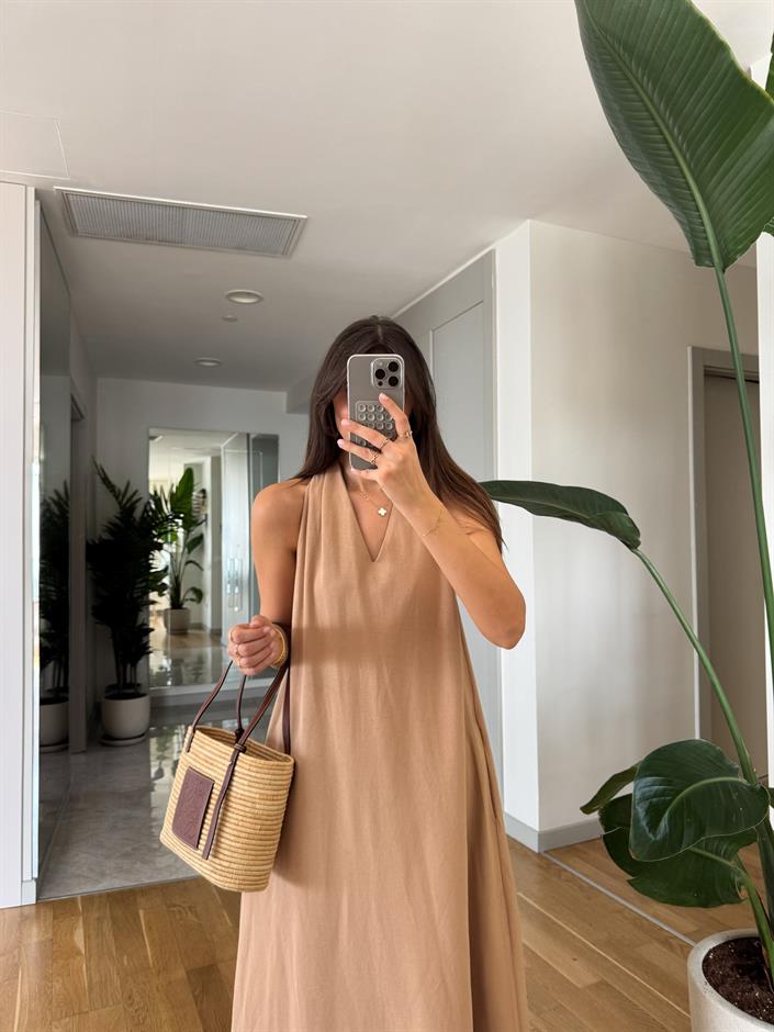 Lexi Halter Yaka Keten Görümlü Midi Elbise- Camel