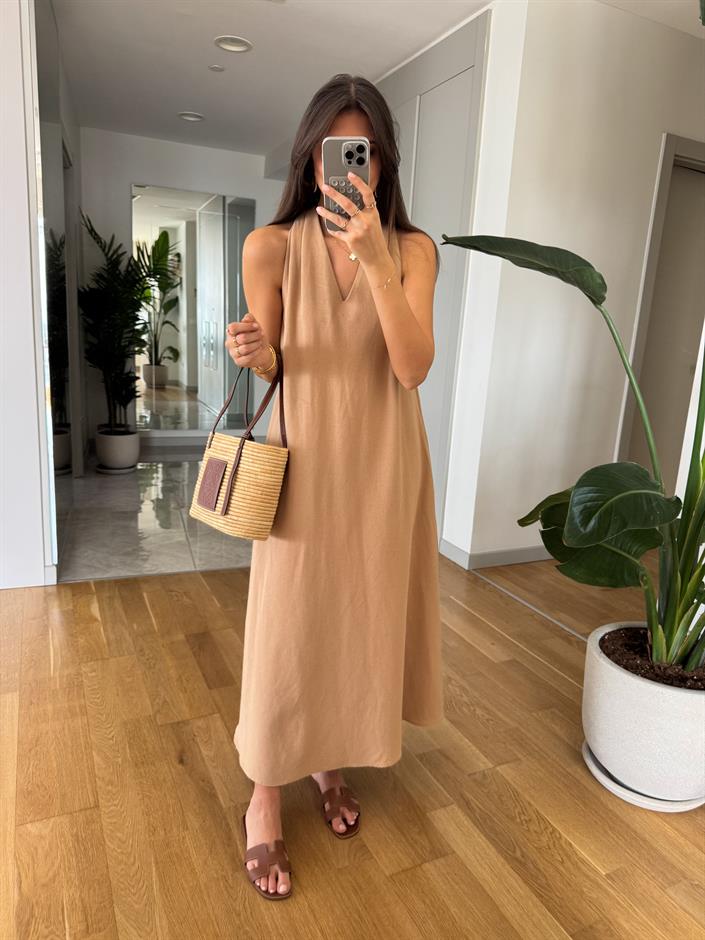 Lexi Halter Yaka Keten Görümlü Midi Elbise- Camel
