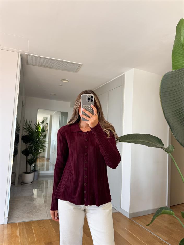 Lia Polo Yaka Düğmeli Hırka - Bordo 