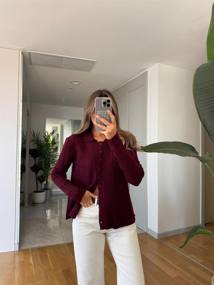 Lia Polo Yaka Düğmeli Hırka - Bordo 