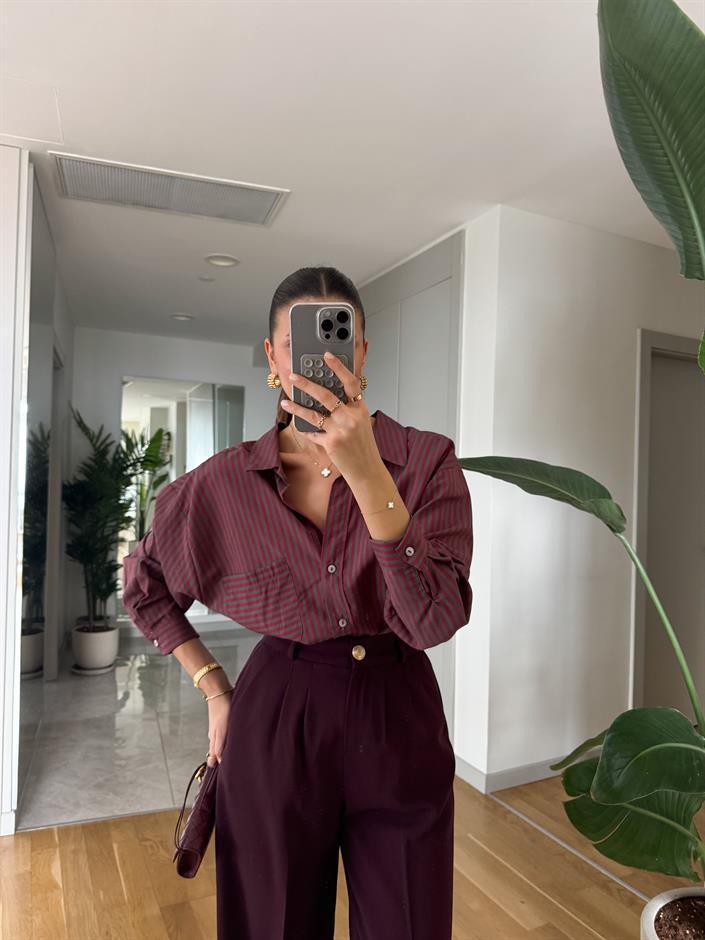 Lia Tek Cepli Çizgili Gömlek - Bordo