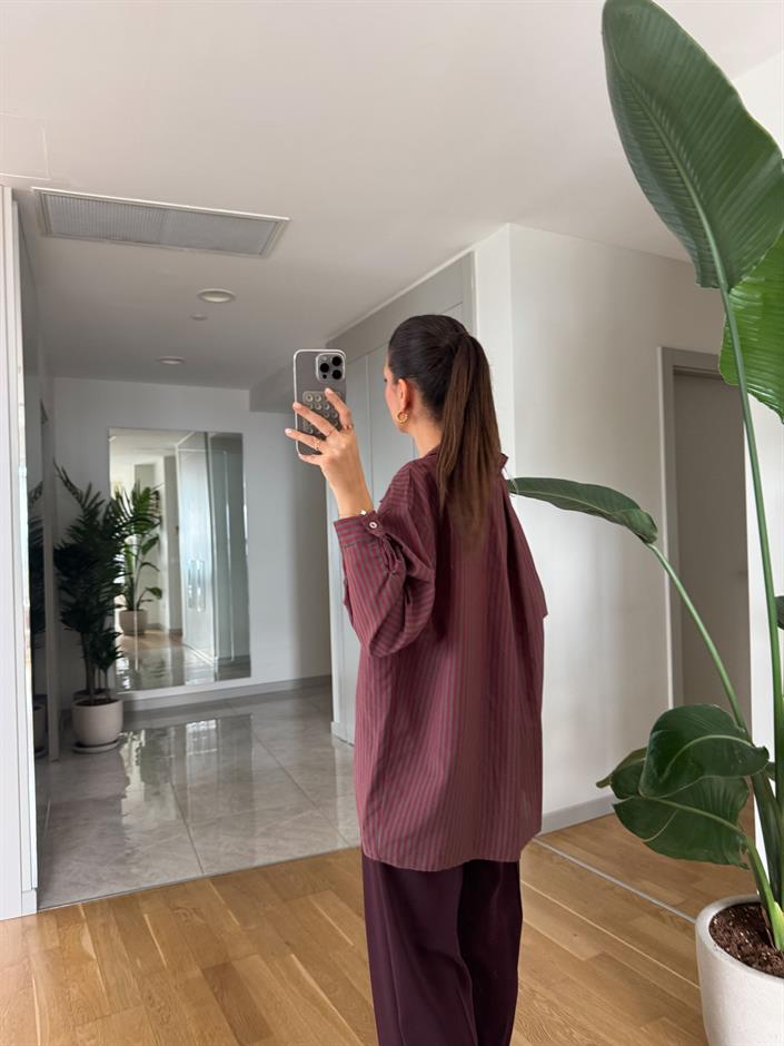 Lia Tek Cepli Çizgili Gömlek - Bordo