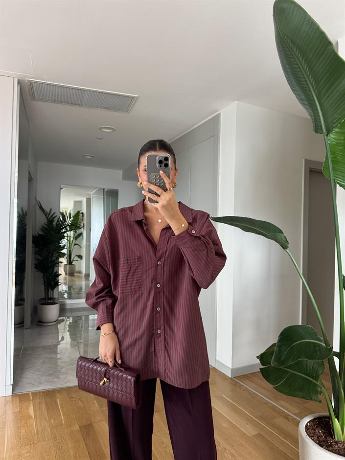 Lia Tek Cepli Çizgili Gömlek - Bordo
