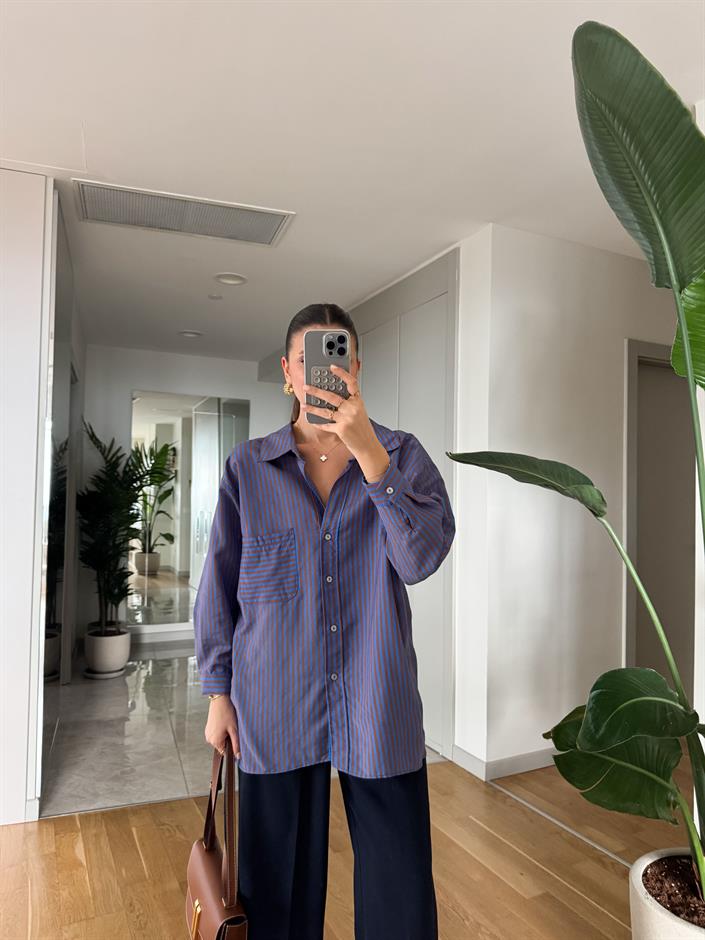 Lia Tek Cepli Çizgili Gömlek - Mavi