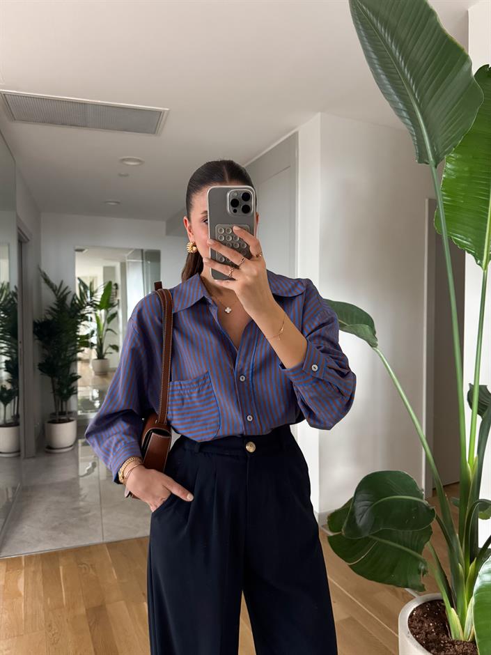 Lia Tek Cepli Çizgili Gömlek - Mavi