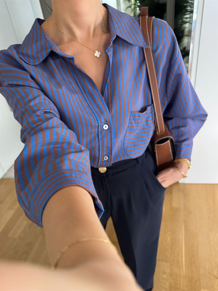 Lia Tek Cepli Çizgili Gömlek - Mavi