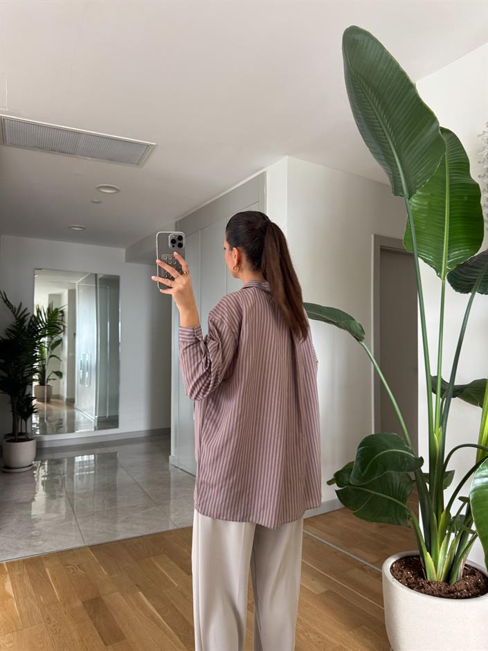 Lia Tek Cepli Çizgili Gömlek - Mor