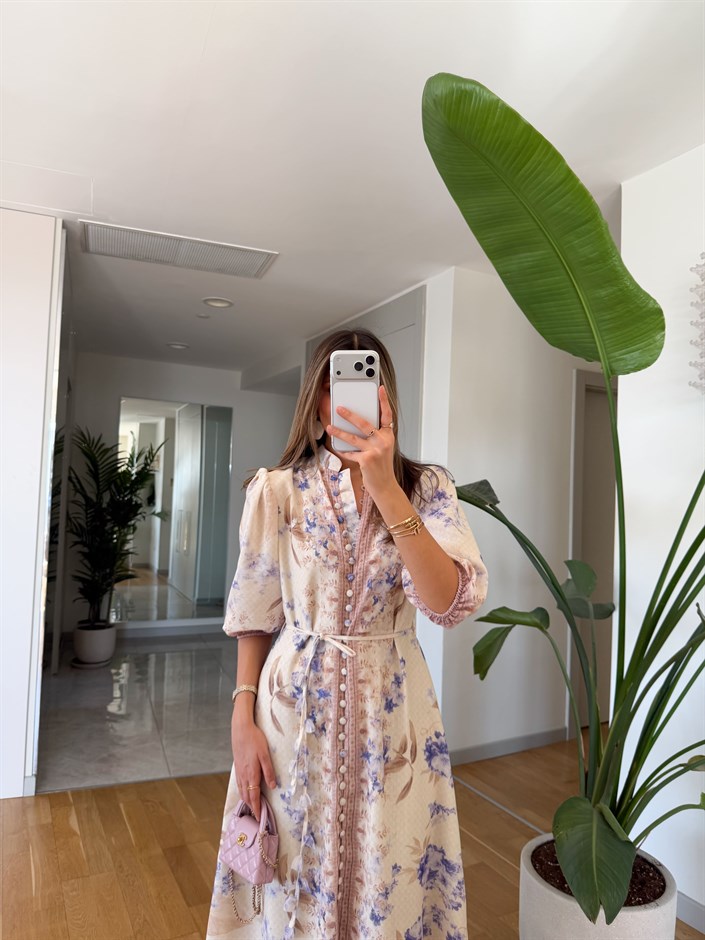 Lila Ekru Çiçek Baskılı Elbise