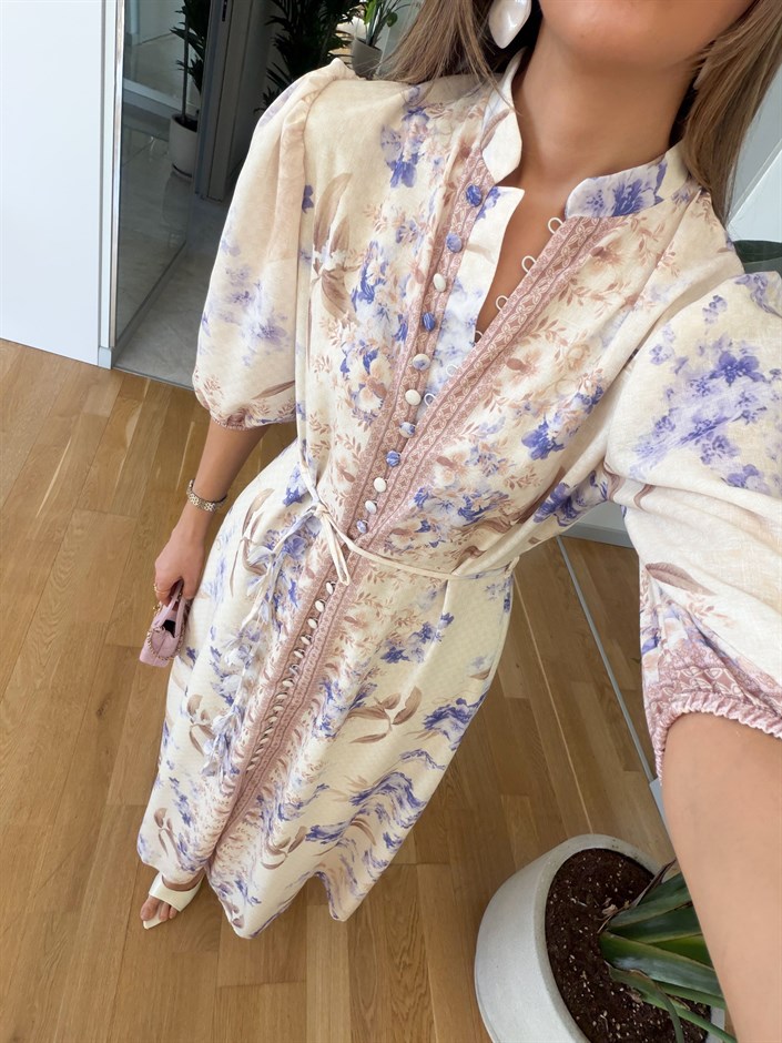 Lila Ekru Çiçek Baskılı Elbise