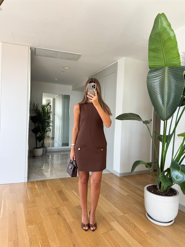 Lily Gold Düğme Detaylı Elbise - Kahve