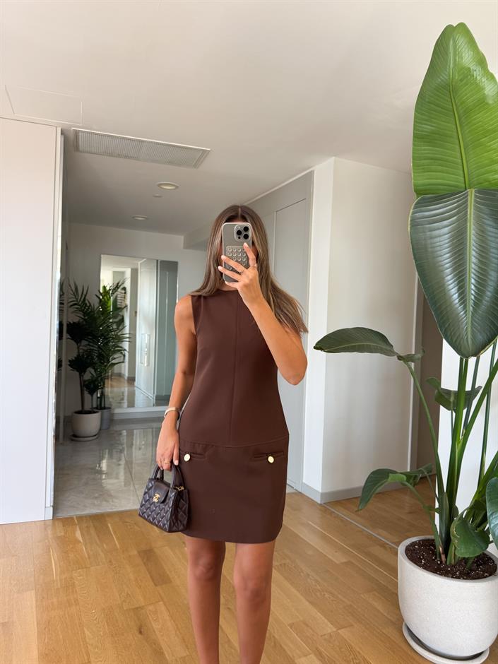 Lily Gold Düğme Detaylı Elbise - Kahve