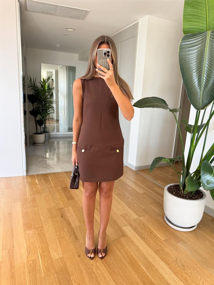 Lily Gold Düğme Detaylı Elbise - Kahve