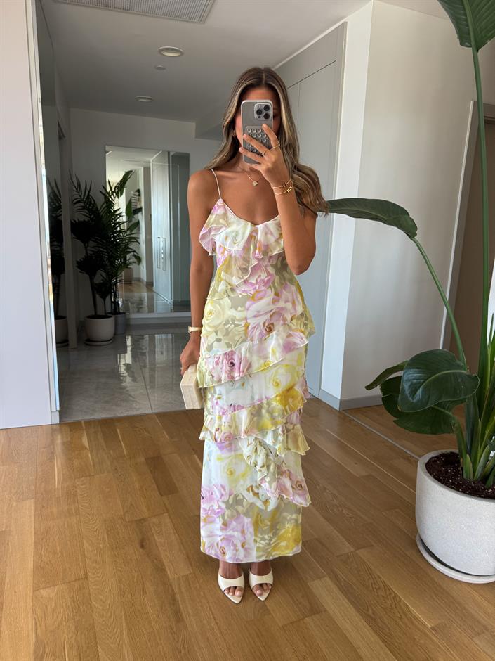 Lilyum Fırfır Detaylı Askılı Elbise - Sarı 