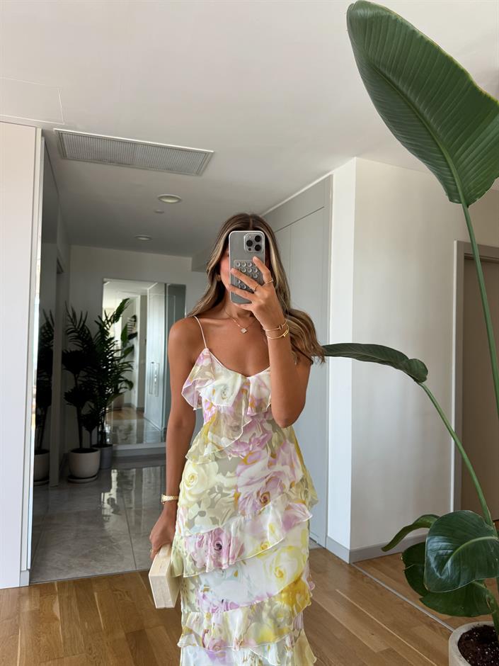 Lilyum Fırfır Detaylı Askılı Elbise - Sarı 
